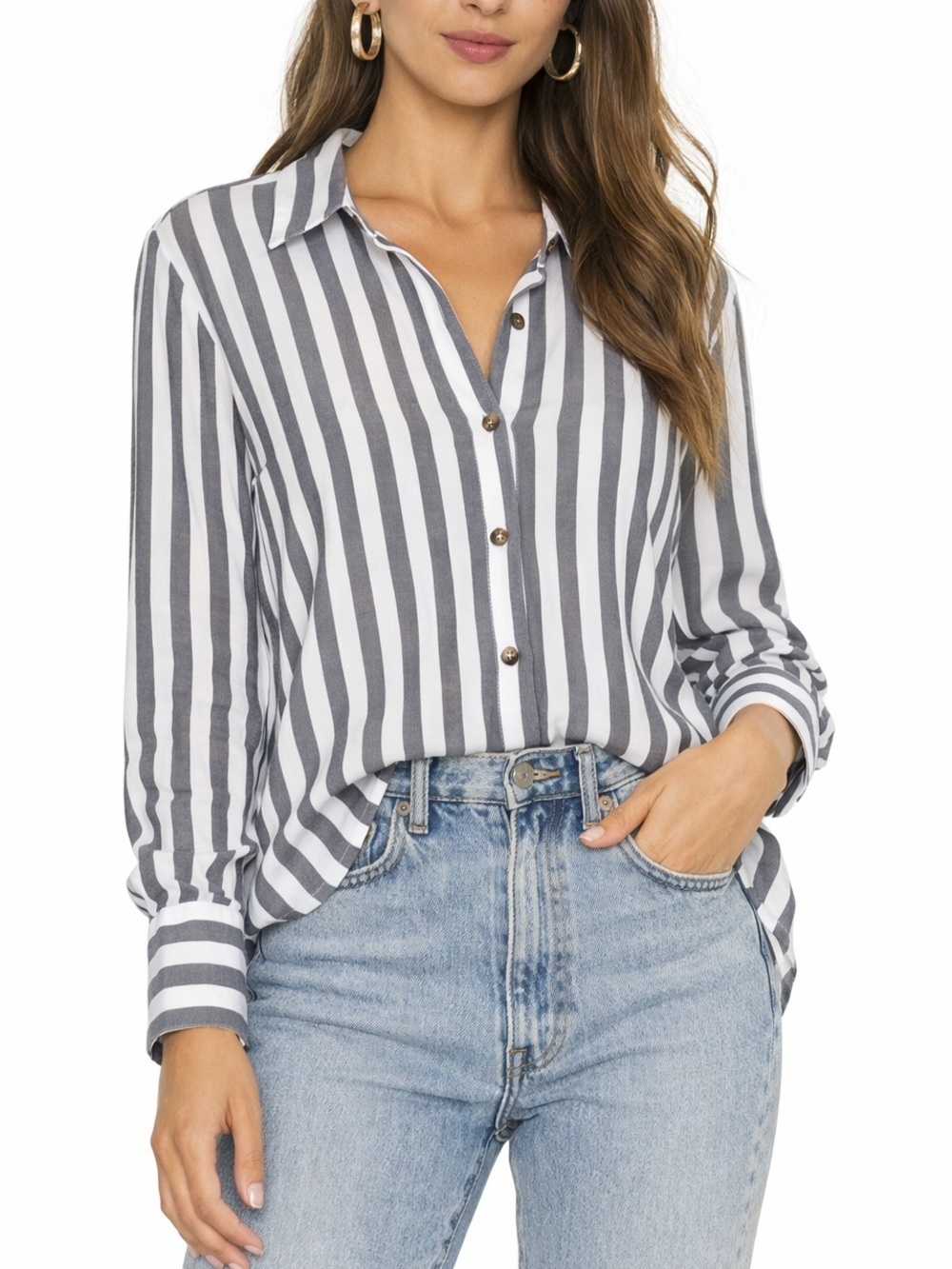 Lovers and Friends Striped Poplin Button Down Shirt XS white grey